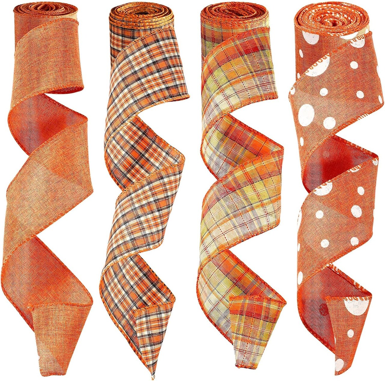 4 Rolls Fall Plaid Burlap Ribbon, 2.5 Inch x 6.56 Yards Each – Wired Edge Thanksgiving & Autumn Craft Ribbon for Wreaths, Bows, Gift Wrapping, and Home Decor (VOrange, Green, Red, Yellow, Linen (Orange, Green, Red, Yellow, Linen)